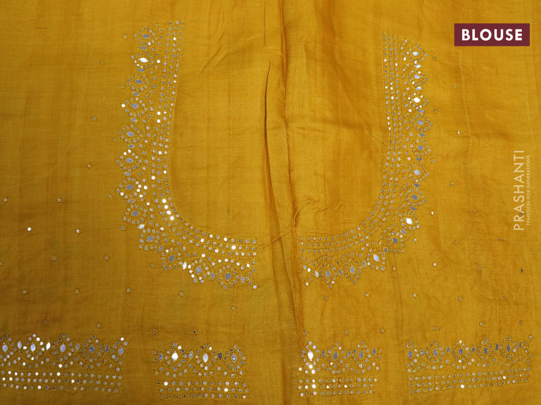 Pure tussar silk saree mustard yellow with allover mirror work and embroidery design cut work border