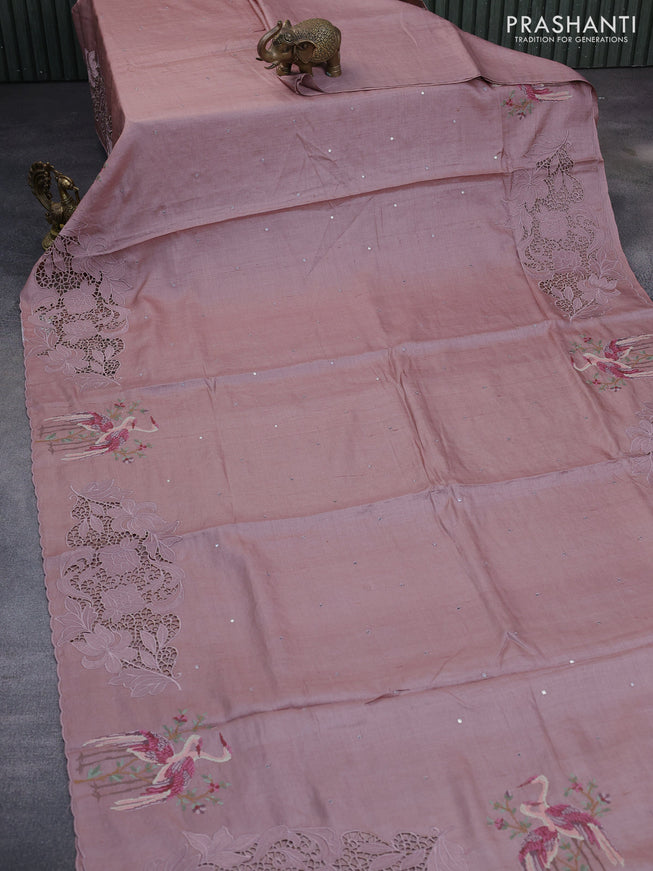 Pure tussar silk saree rosy brown with allover mirror work and embroidery design cut work border