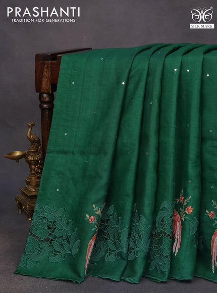 Pure tussar silk saree green with allover mirror work and embroidery design cut work border