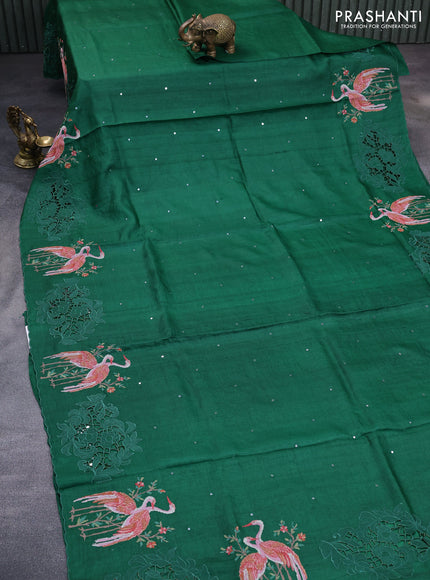 Pure tussar silk saree green with allover mirror work and embroidery design cut work border