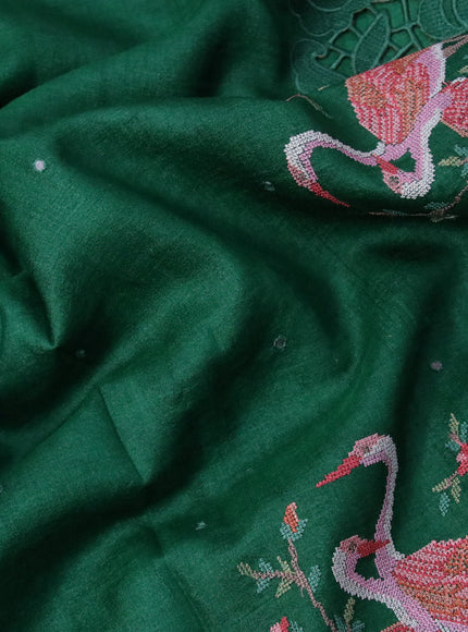 Pure tussar silk saree green with allover mirror work and embroidery design cut work border