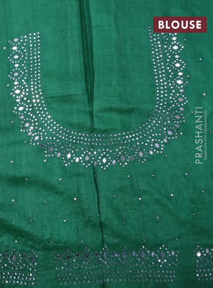 Pure tussar silk saree green with allover mirror work and embroidery design cut work border