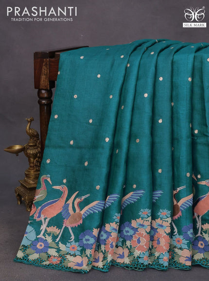 Pure tussar silk saree teal blue with zari woven buttas and embroidery design cut work border