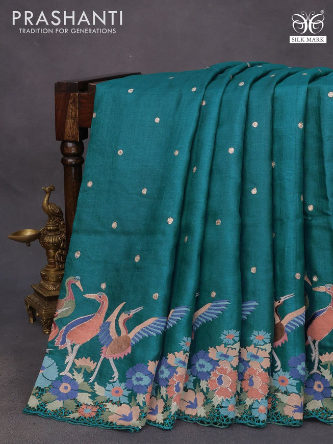 Pure tussar silk saree teal blue with zari woven buttas and embroidery design cut work border