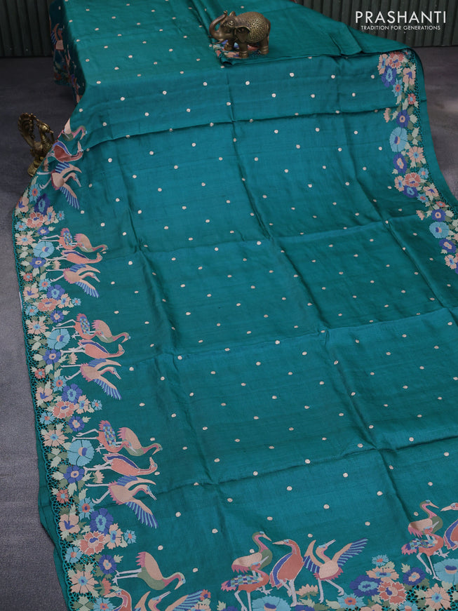 Pure tussar silk saree teal blue with zari woven buttas and embroidery design cut work border