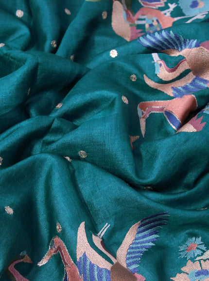 Pure tussar silk saree teal blue with zari woven buttas and embroidery design cut work border