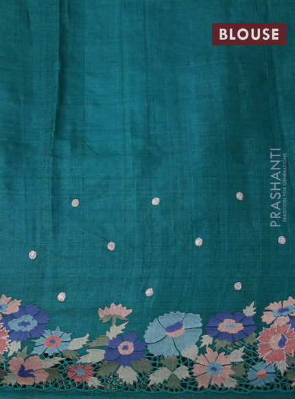 Pure tussar silk saree teal blue with zari woven buttas and embroidery design cut work border