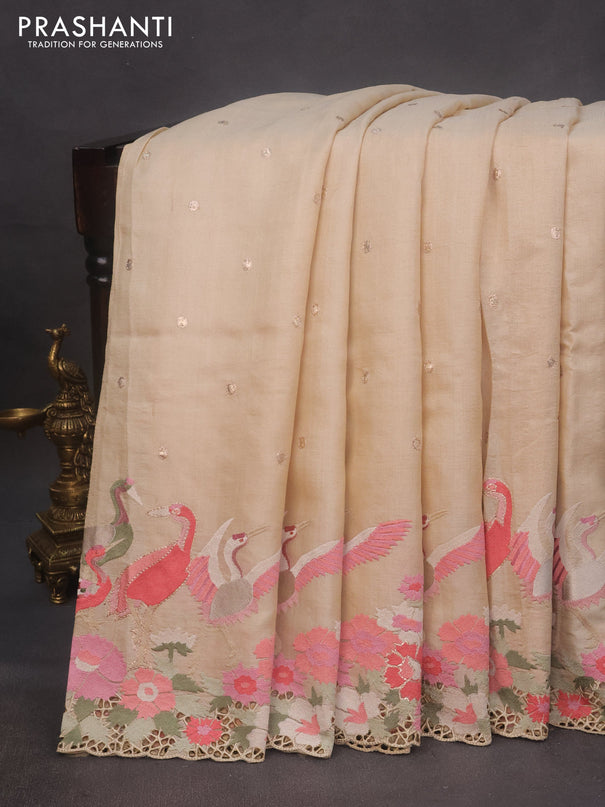 Pure tussar silk saree cream with zari woven buttas and embroidery design cut work border