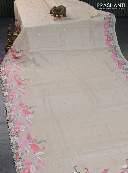 Pure tussar silk saree cream with zari woven buttas and embroidery design cut work border