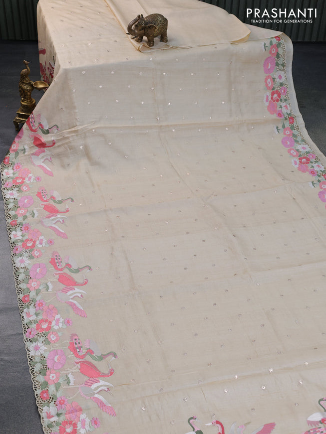 Pure tussar silk saree cream with zari woven buttas and embroidery design cut work border