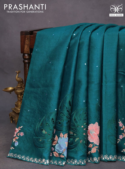 Pure tussar silk saree peacock green with allover mirror work and floral embroidery design cut work border