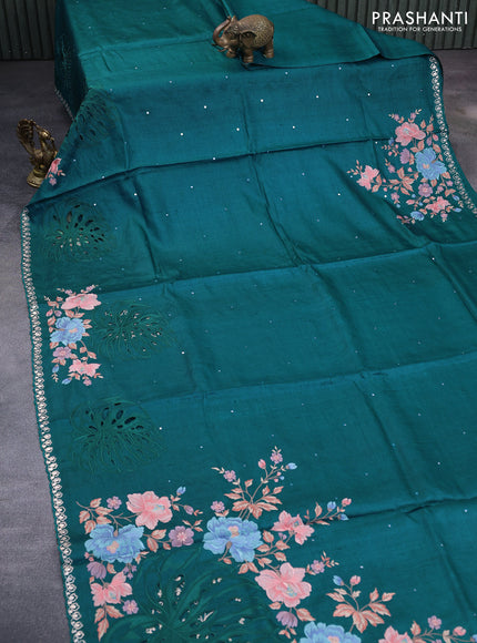 Pure tussar silk saree peacock green with allover mirror work and floral embroidery design cut work border