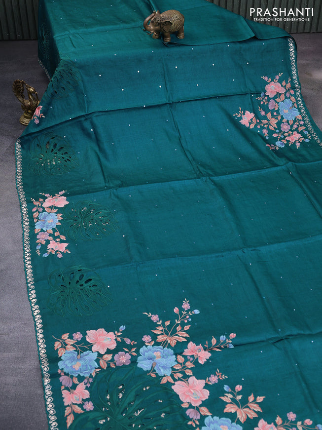 Pure tussar silk saree peacock green with allover mirror work and floral embroidery design cut work border