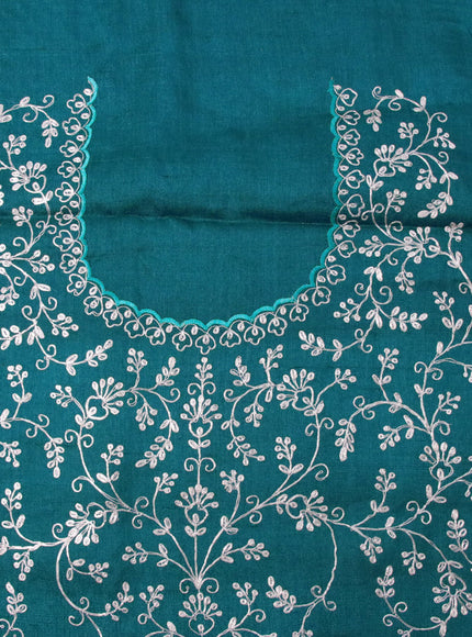 Pure tussar silk saree peacock green with allover mirror work and floral embroidery design cut work border