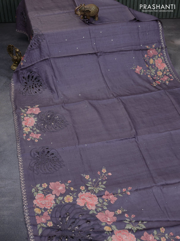 Pure tussar silk saree jamun shade with allover mirror work and floral embroidery design cut work border