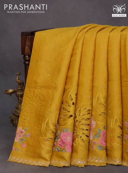 Pure tussar silk saree mustard yellow with allover mirror work and floral embroidery design cut work border