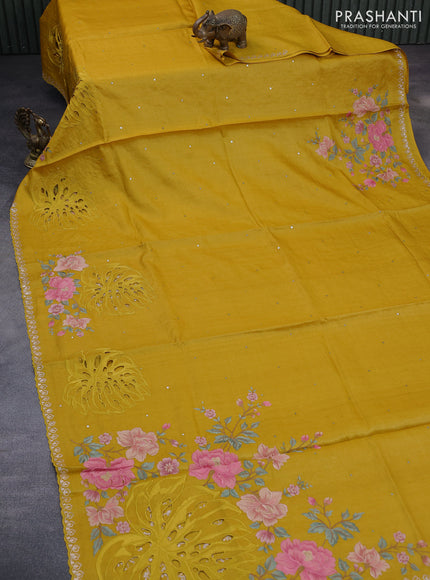 Pure tussar silk saree mustard yellow with allover mirror work and floral embroidery design cut work border