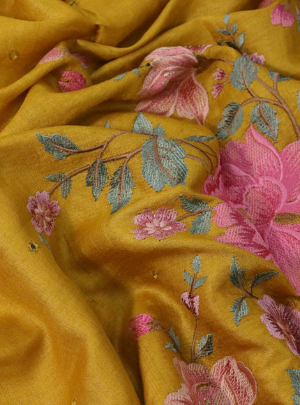 Pure tussar silk saree mustard yellow with allover mirror work and floral embroidery design cut work border