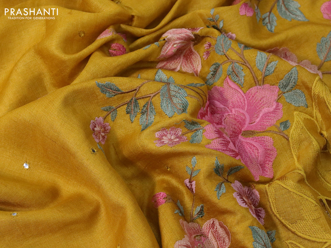 Pure tussar silk saree mustard yellow with allover mirror work and floral embroidery design cut work border