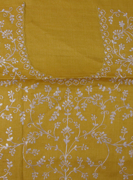 Pure tussar silk saree mustard yellow with allover mirror work and floral embroidery design cut work border