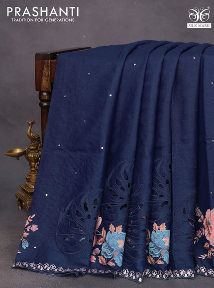 Pure tussar silk saree blue with allover mirror work and floral embroidery design cut work border