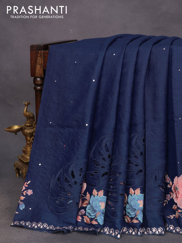 Pure tussar silk saree blue with allover mirror work and floral embroidery design cut work border