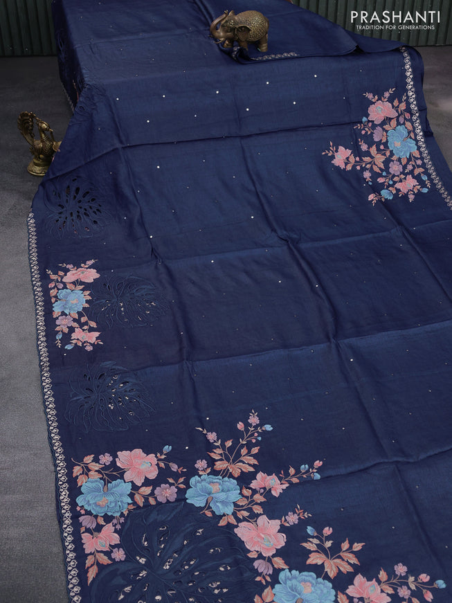 Pure tussar silk saree blue with allover mirror work and floral embroidery design cut work border