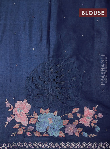 Pure tussar silk saree blue with allover mirror work and floral embroidery design cut work border