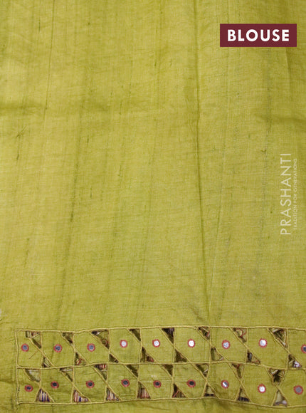 Pure tussar silk saree teal blue and mehendi green with allover kalamkari hand painted prints and embroidery mirror & cut work border