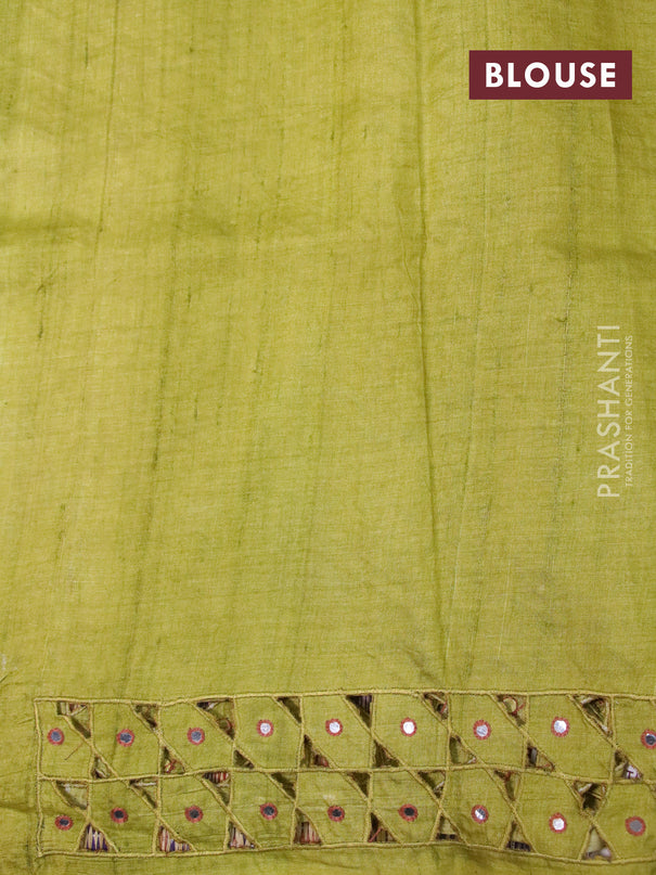 Pure tussar silk saree teal blue and mehendi green with allover kalamkari hand painted prints and embroidery mirror & cut work border