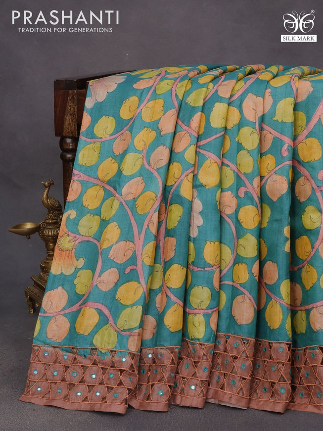 Pure tussar silk saree teal green and brown with allover kalamkari hand painted prints and embroidery mirror & cut work border