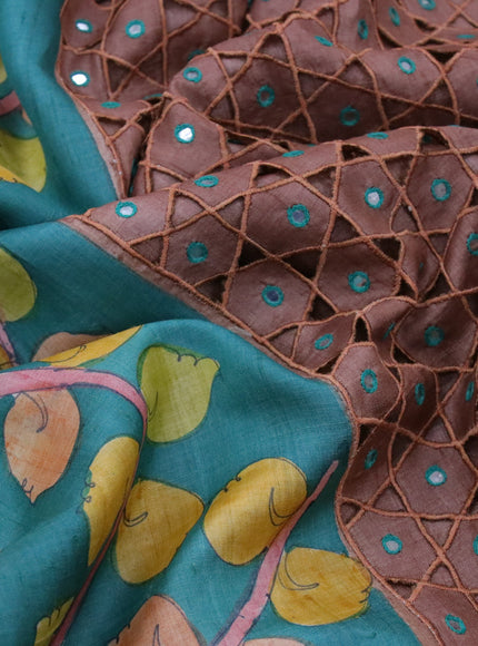 Pure tussar silk saree teal green and brown with allover kalamkari hand painted prints and embroidery mirror & cut work border