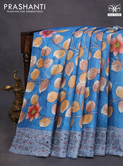 Pure tussar silk saree cs blue and grey with allover kalamkari hand painted prints and embroidery mirror & cut work border