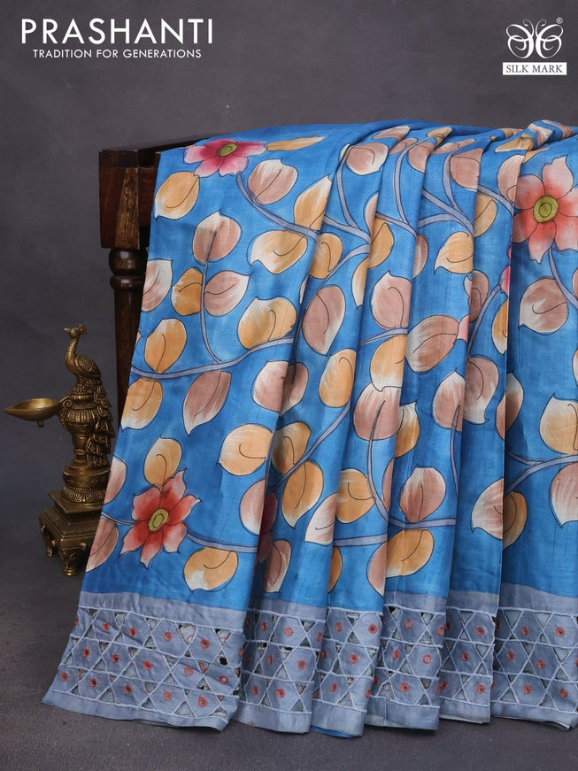 Pure tussar silk saree cs blue and grey with allover kalamkari hand painted prints and embroidery mirror & cut work border