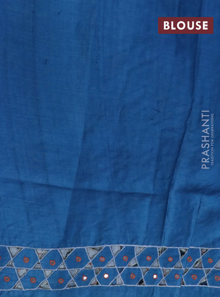 Pure tussar silk saree cs blue and grey with allover kalamkari hand painted prints and embroidery mirror & cut work border