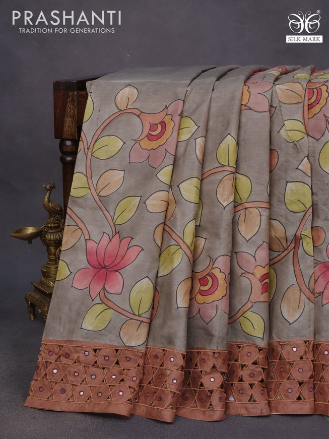 Pure tussar silk saree grey and brown with allover kalamkari hand painted prints and embroidery mirror & cut work border