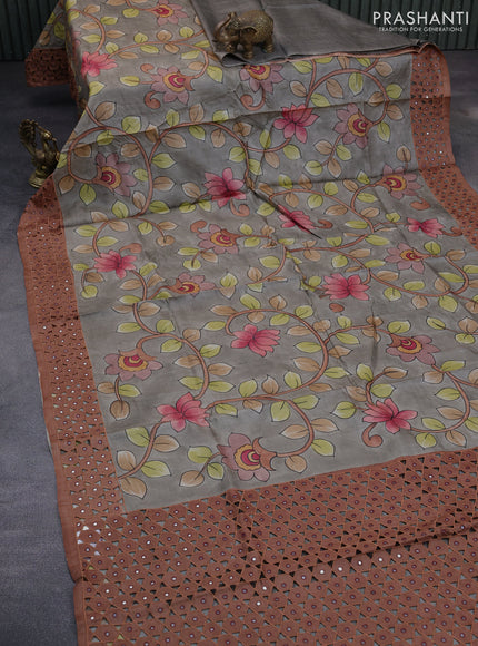 Pure tussar silk saree grey and brown with allover kalamkari hand painted prints and embroidery mirror & cut work border