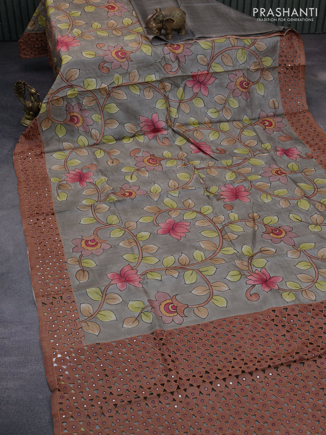 Pure tussar silk saree grey and brown with allover kalamkari hand painted prints and embroidery mirror & cut work border