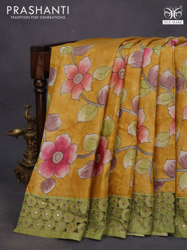 Pure tussar silk saree mustard yellow and green shade with allover kalamkari hand painted prints and embroidery mirror & cut work border