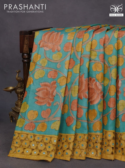 Pure tussar silk saree teal green and mustard yellow with allover kalamkari hand painted prints and embroidery mirror & cut work border