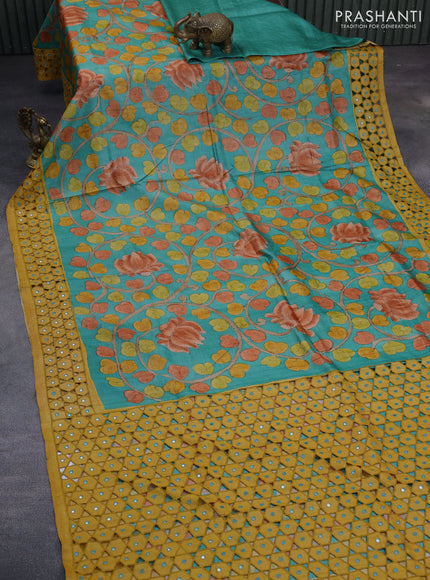 Pure tussar silk saree teal green and mustard yellow with allover kalamkari hand painted prints and embroidery mirror & cut work border