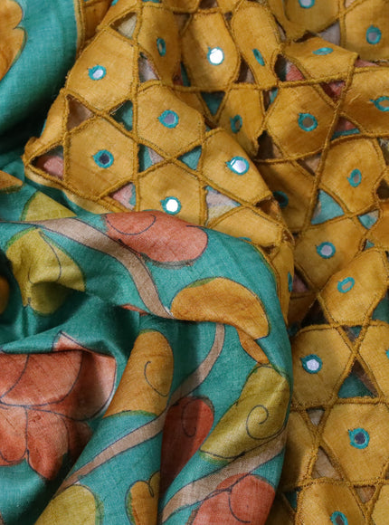 Pure tussar silk saree teal green and mustard yellow with allover kalamkari hand painted prints and embroidery mirror & cut work border