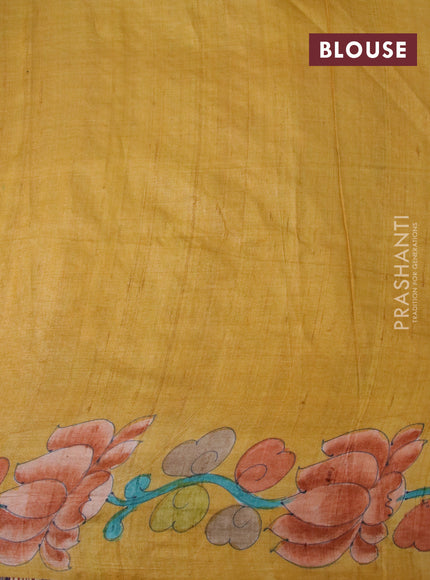 Pure tussar silk saree teal green and mustard yellow with allover kalamkari hand painted prints and embroidery mirror & cut work border