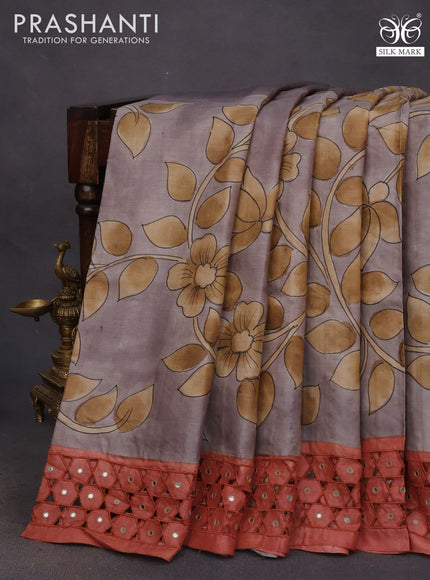 Pure tussar silk saree grey and rust shade with allover kalamkari hand painted prints and embroidery mirror & cut work border