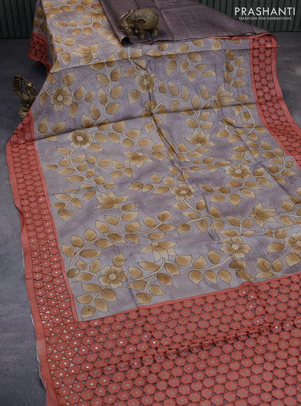 Pure tussar silk saree grey and rust shade with allover kalamkari hand painted prints and embroidery mirror & cut work border