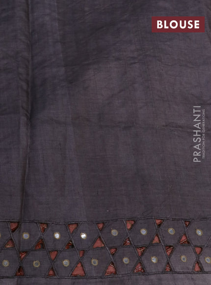 Pure tussar silk saree grey and rust shade with allover kalamkari hand painted prints and embroidery mirror & cut work border