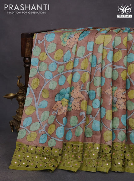 Pure tussar silk saree brown and mehendi green with allover kalamkari hand painted prints and embroidery mirror & cut work border