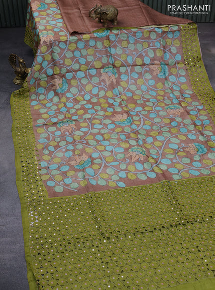 Pure tussar silk saree brown and mehendi green with allover kalamkari hand painted prints and embroidery mirror & cut work border