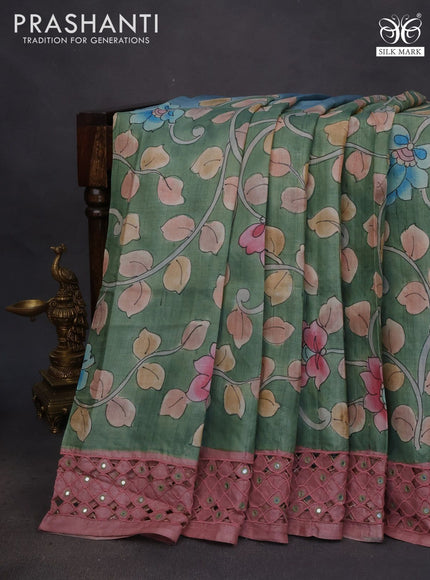 Pure tussar silk saree green and pastel pink with allover kalamkari hand painted prints and embroidery mirror & cut work border