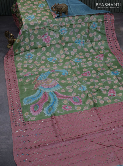 Pure tussar silk saree green and pastel pink with allover kalamkari hand painted prints and embroidery mirror & cut work border